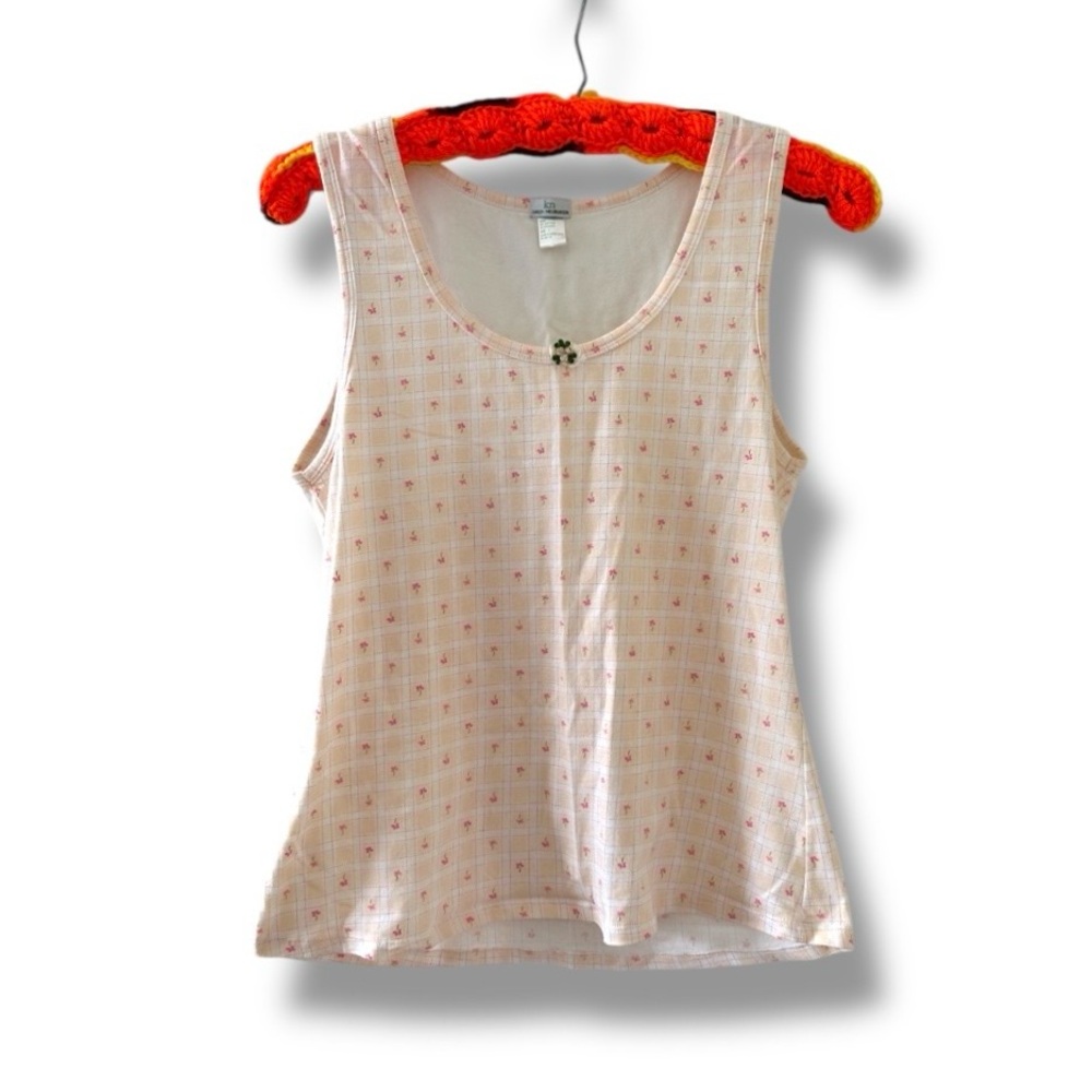 Vintage 90s Peach Floral Plaid Sleeveless Top Women’s Size Large Cottagecore